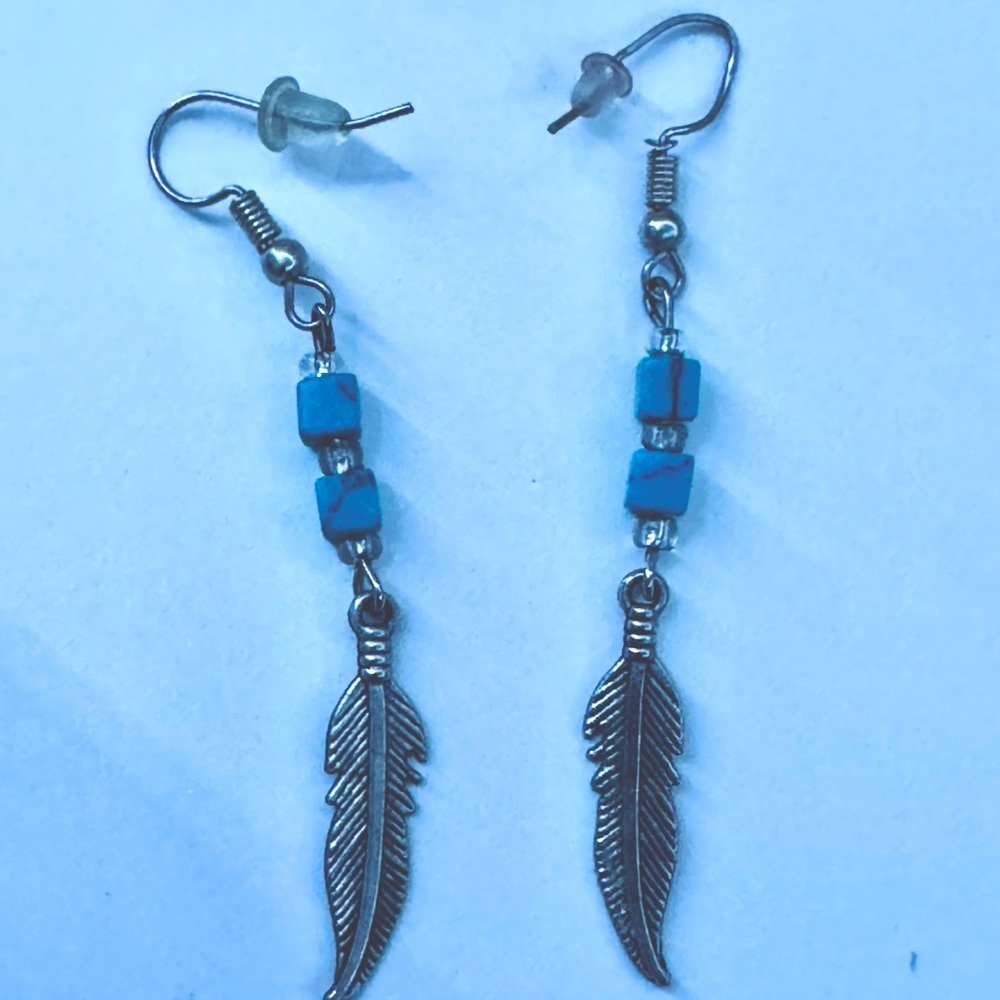 Handmade: Silver Feather Dangle Earrings with Turquoise Beads